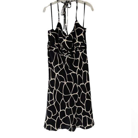 ANN TAYLOR Black White Y2K Style 100% Silk Halter A-Line Dress Size 10 - Picture 2 of 9